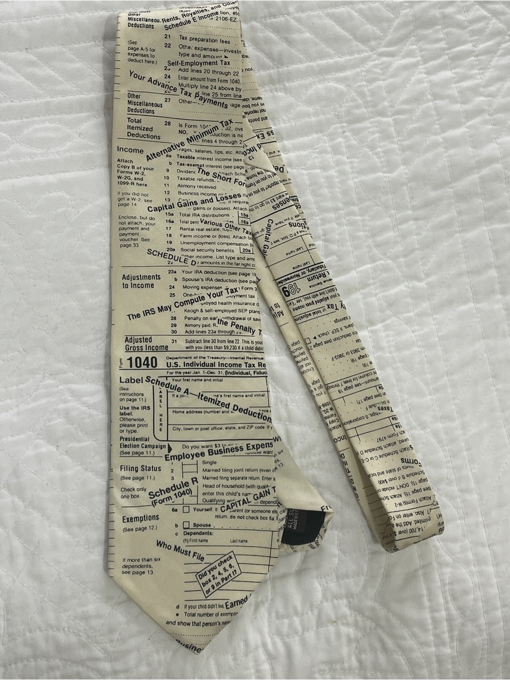 Museum Artifacts 100% Silk Novelty 1040 Tax Form Print Tie in Cream and Black